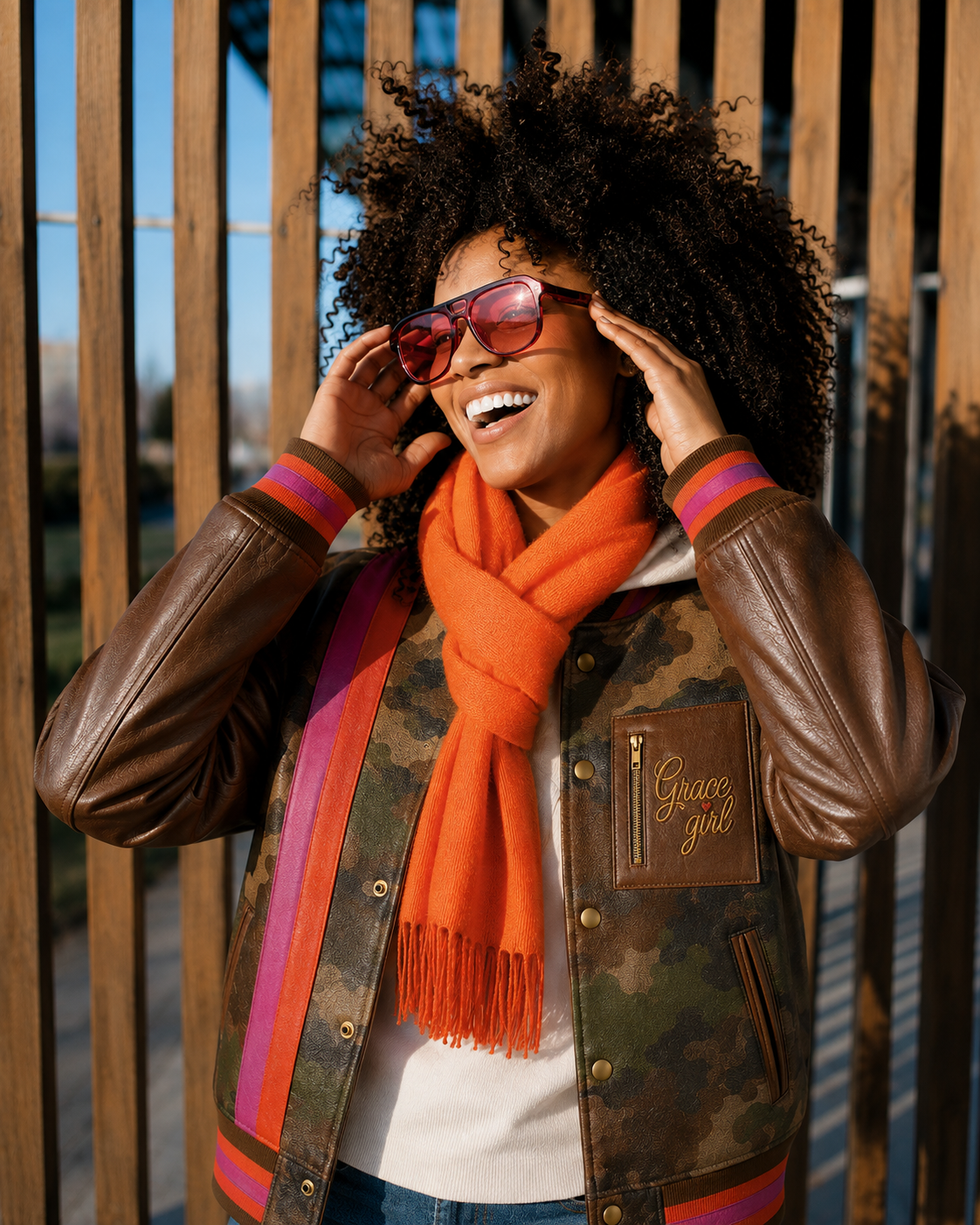 A joyful woman wearing a custom Bell Ivory camo and leather varsity jacket with an orange scarf