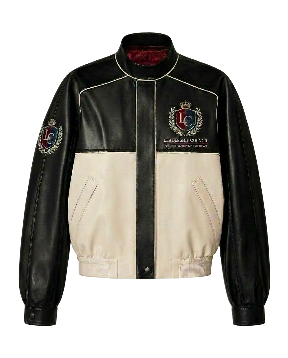 Bell Ivory navy and ivory custom varsity jacket with heritage crest
